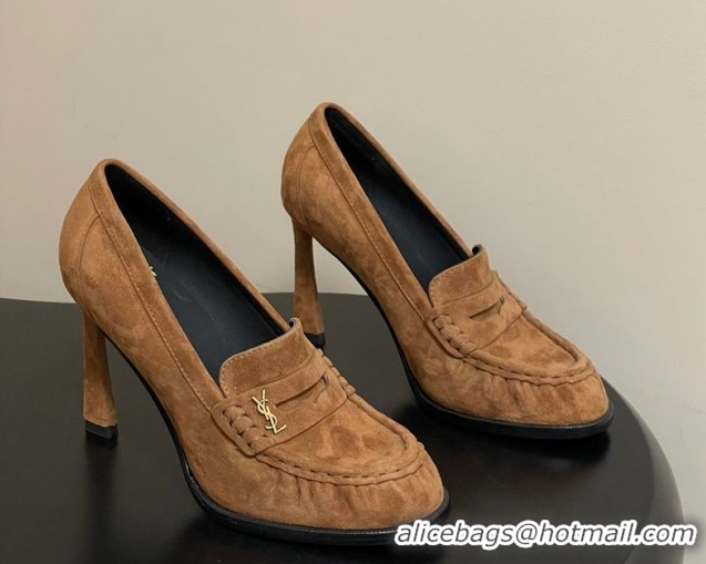Buy Luxury Saint Laurent Le Loafer High Heel Pumps 10cm in Suede Brown 1213069