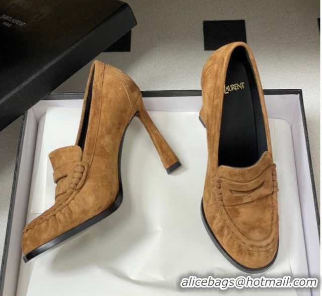 Buy Luxury Saint Laurent Le Loafer High Heel Pumps 10cm in Suede Brown 1213069