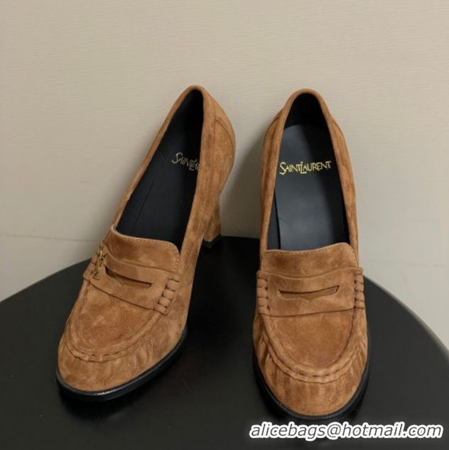 Buy Luxury Saint Laurent Le Loafer High Heel Pumps 10cm in Suede Brown 1213069