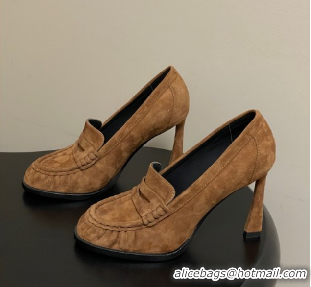 Buy Luxury Saint Laurent Le Loafer High Heel Pumps 10cm in Suede Brown 1213069