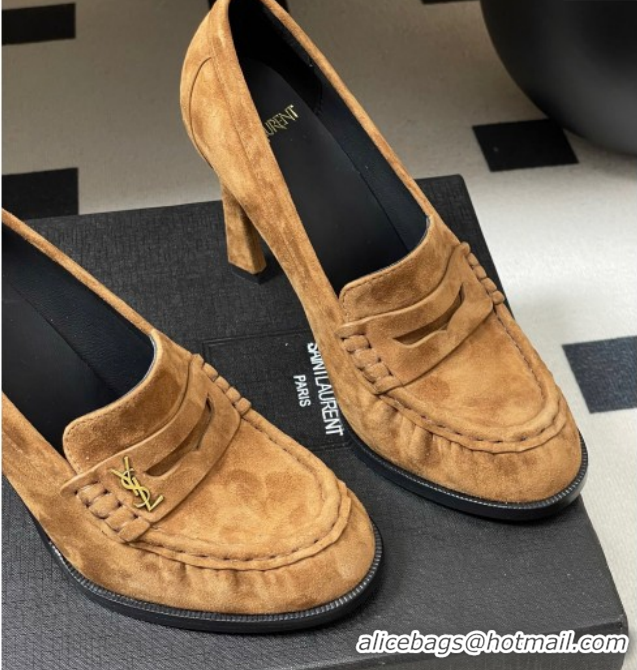 Buy Luxury Saint Laurent Le Loafer High Heel Pumps 10cm in Suede Brown 1213069
