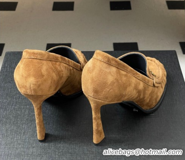 Buy Luxury Saint Laurent Le Loafer High Heel Pumps 10cm in Suede Brown 1213069