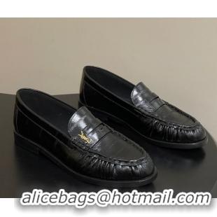 Grade Quality Saint Laurent Le Loafers Penny Slippers in Eel Embossed Leather Black/Gold 1215001