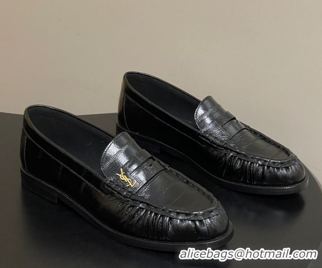 Grade Quality Saint Laurent Le Loafers Penny Slippers in Eel Embossed Leather Black/Gold 1215001