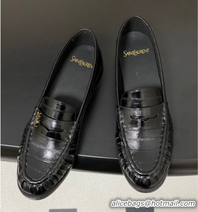 Grade Quality Saint Laurent Le Loafers Penny Slippers in Eel Embossed Leather Black/Gold 1215001