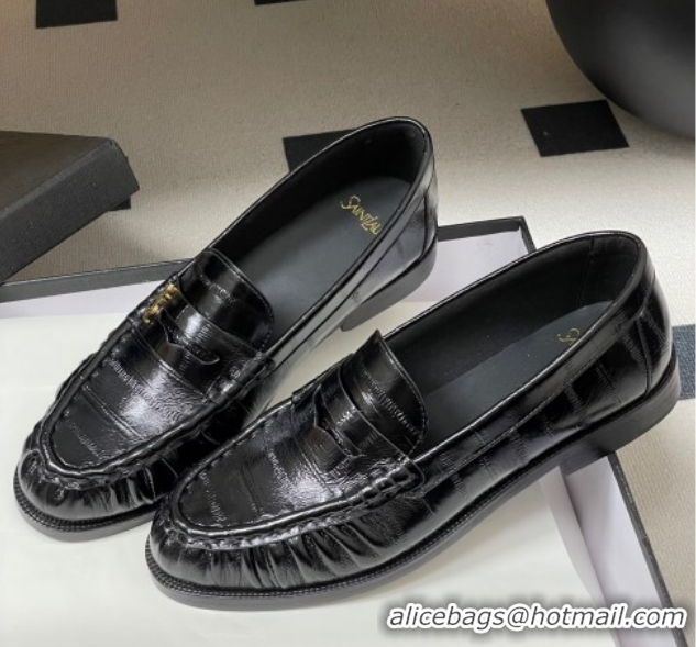 Grade Quality Saint Laurent Le Loafers Penny Slippers in Eel Embossed Leather Black/Gold 1215001