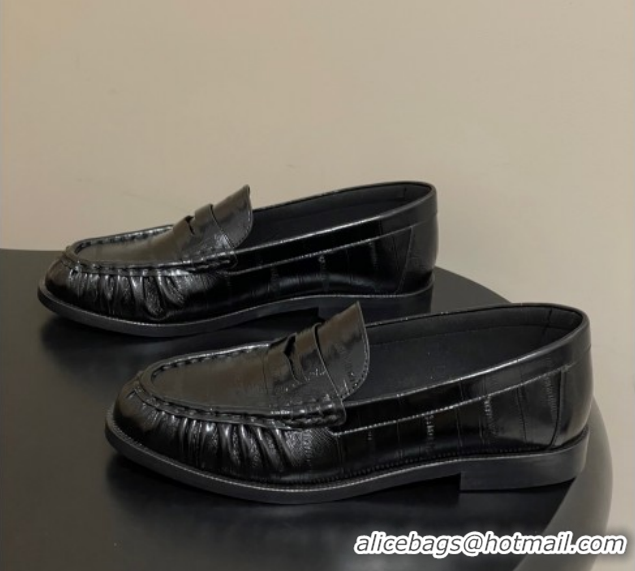 Grade Quality Saint Laurent Le Loafers Penny Slippers in Eel Embossed Leather Black/Gold 1215001