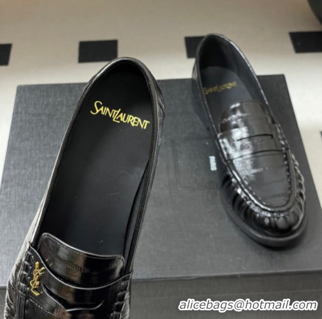 Grade Quality Saint Laurent Le Loafers Penny Slippers in Eel Embossed Leather Black/Gold 1215001