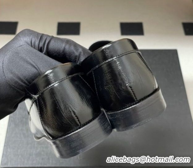 Grade Quality Saint Laurent Le Loafers Penny Slippers in Eel Embossed Leather Black/Gold 1215001