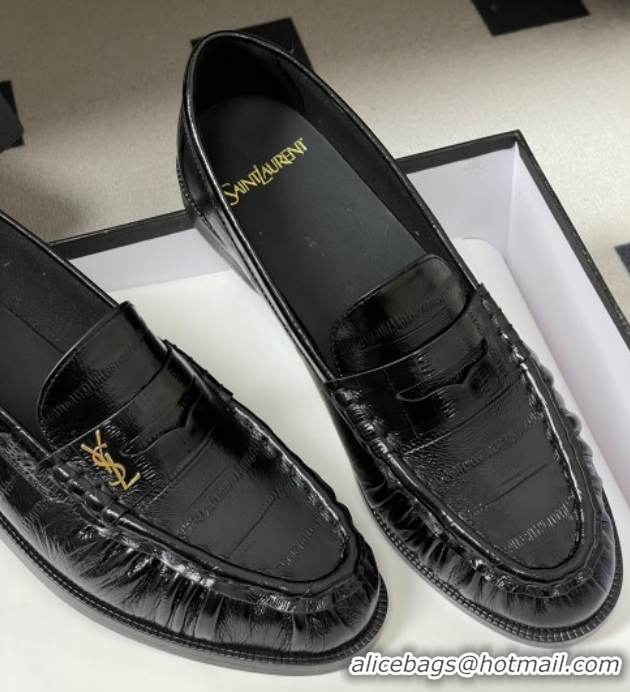 Grade Quality Saint Laurent Le Loafers Penny Slippers in Eel Embossed Leather Black/Gold 1215001
