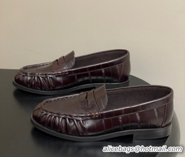 Best Grade Saint Laurent Le Loafers Penny Slippers in Eel Embossed Leather Chocolate Brown 1215002