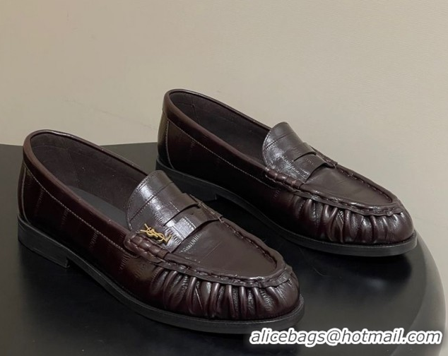 Best Grade Saint Laurent Le Loafers Penny Slippers in Eel Embossed Leather Chocolate Brown 1215002