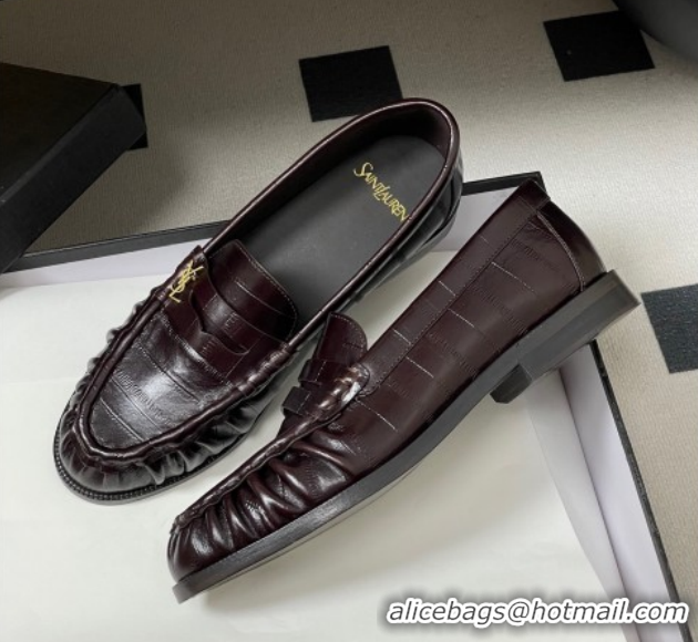 Best Grade Saint Laurent Le Loafers Penny Slippers in Eel Embossed Leather Chocolate Brown 1215002