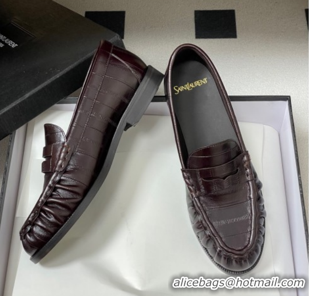 Best Grade Saint Laurent Le Loafers Penny Slippers in Eel Embossed Leather Chocolate Brown 1215002