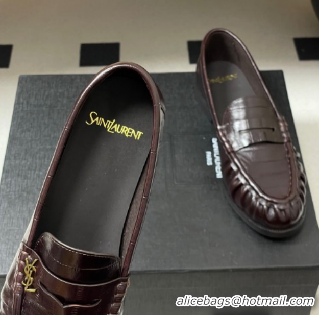 Best Grade Saint Laurent Le Loafers Penny Slippers in Eel Embossed Leather Chocolate Brown 1215002