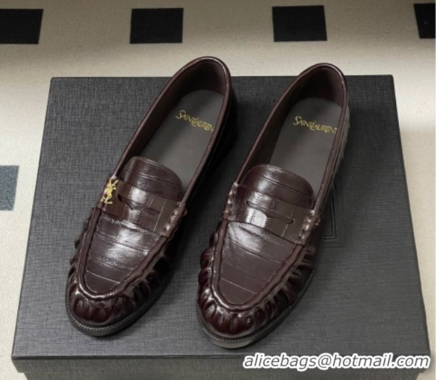 Best Grade Saint Laurent Le Loafers Penny Slippers in Eel Embossed Leather Chocolate Brown 1215002