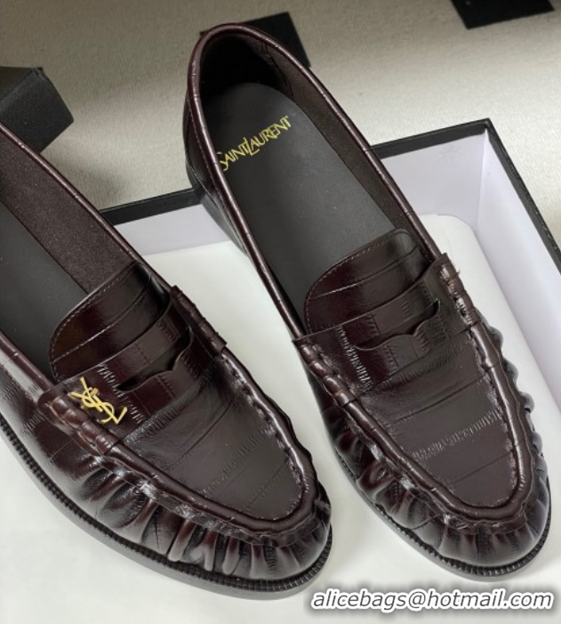 Best Grade Saint Laurent Le Loafers Penny Slippers in Eel Embossed Leather Chocolate Brown 1215002