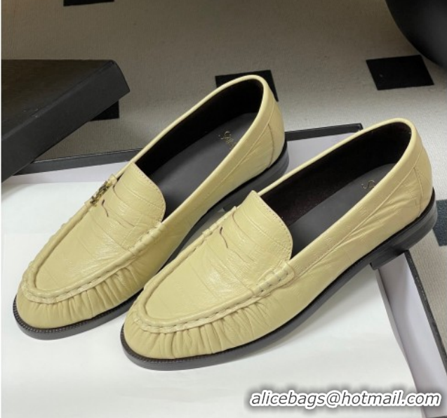 Stylish Saint Laurent Le Loafers Penny Slippers in Eel Embossed Leather Yellow 1215003