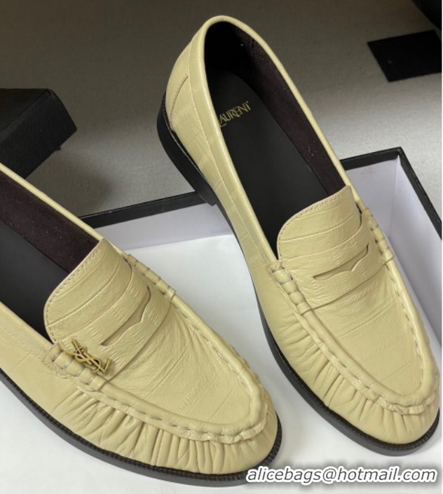 Stylish Saint Laurent Le Loafers Penny Slippers in Eel Embossed Leather Yellow 1215003
