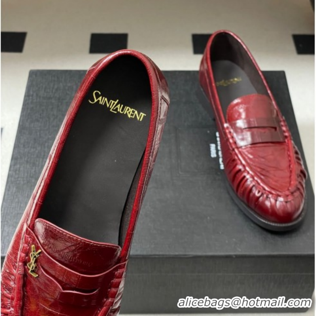 Luxury Saint Laurent Le Loafers Penny Slippers in Eel Embossed Leather Red 1215004