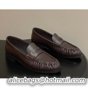Sumptuous Saint Laurent Le Loafers Penny Slippers in Calf Leather Dark Brown 1215005