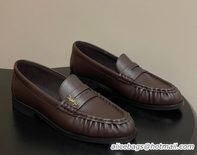Sumptuous Saint Laurent Le Loafers Penny Slippers in Calf Leather Dark Brown 1215005