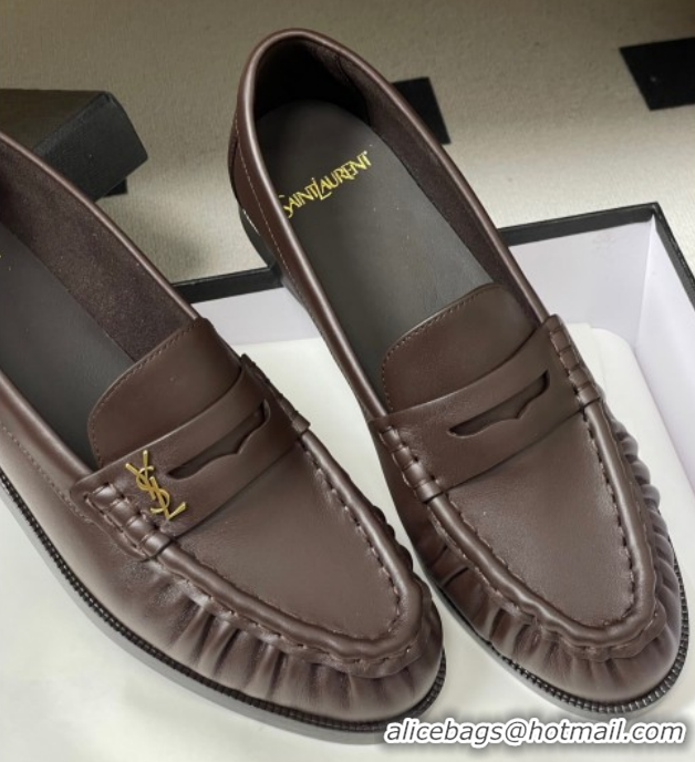 Sumptuous Saint Laurent Le Loafers Penny Slippers in Calf Leather Dark Brown 1215005