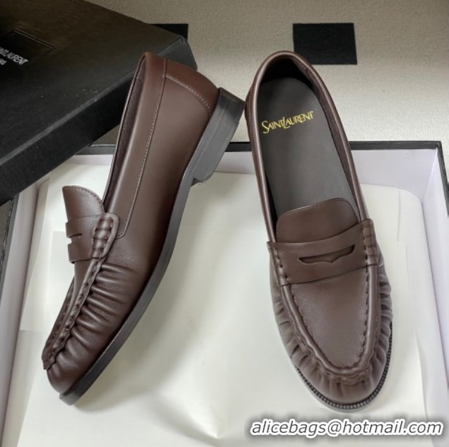 Sumptuous Saint Laurent Le Loafers Penny Slippers in Calf Leather Dark Brown 1215005