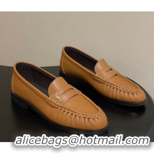 Leisure Saint Laurent Le Loafers Penny Slippers in Calf Leather Brown Yellow 1215006
