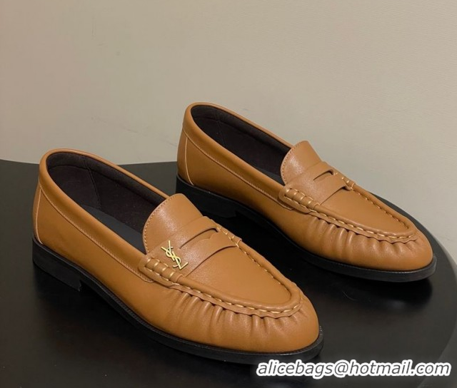 Leisure Saint Laurent Le Loafers Penny Slippers in Calf Leather Brown Yellow 1215006