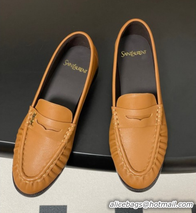 Leisure Saint Laurent Le Loafers Penny Slippers in Calf Leather Brown Yellow 1215006