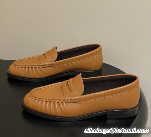 Leisure Saint Laurent Le Loafers Penny Slippers in Calf Leather Brown Yellow 1215006