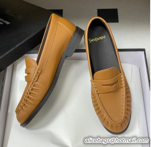 Leisure Saint Laurent Le Loafers Penny Slippers in Calf Leather Brown Yellow 1215006