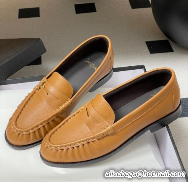Leisure Saint Laurent Le Loafers Penny Slippers in Calf Leather Brown Yellow 1215006