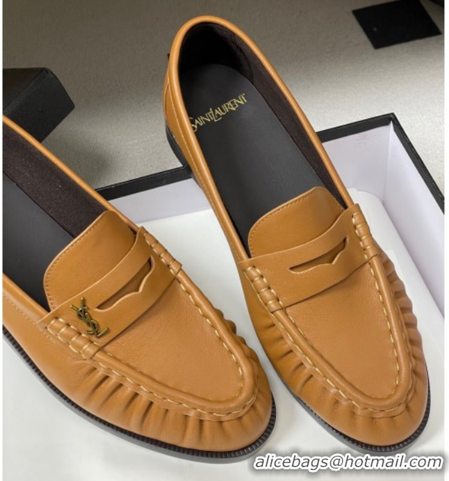 Leisure Saint Laurent Le Loafers Penny Slippers in Calf Leather Brown Yellow 1215006