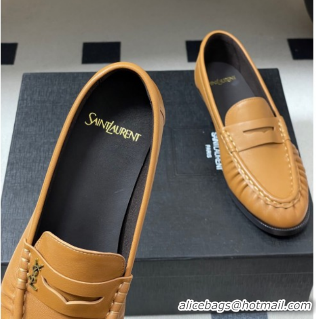 Leisure Saint Laurent Le Loafers Penny Slippers in Calf Leather Brown Yellow 1215006