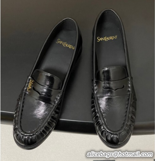Unique Style Saint Laurent Le Loafers Penny Slippers in Oil Leather Black/Gold 1215007