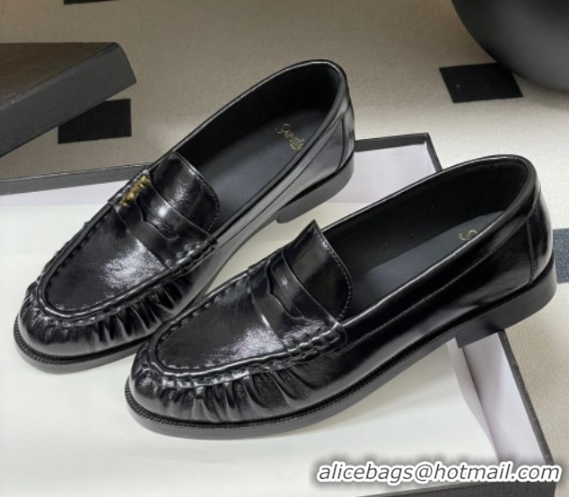 Unique Style Saint Laurent Le Loafers Penny Slippers in Oil Leather Black/Gold 1215007
