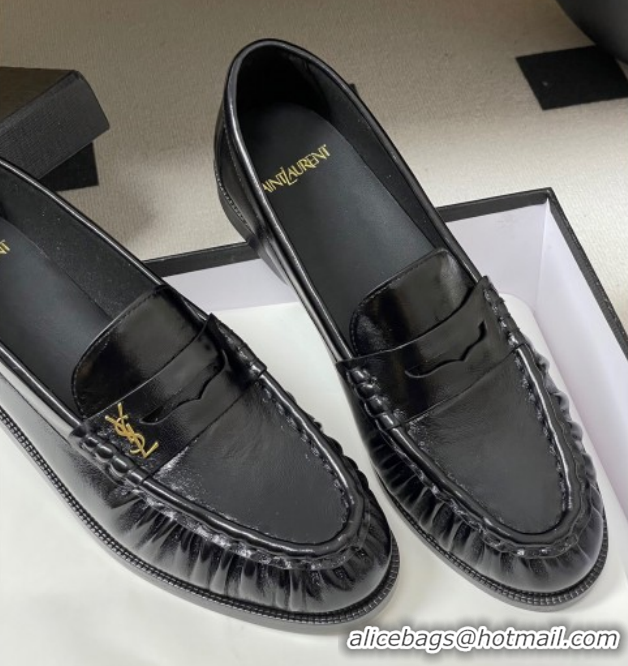 Unique Style Saint Laurent Le Loafers Penny Slippers in Oil Leather Black/Gold 1215007