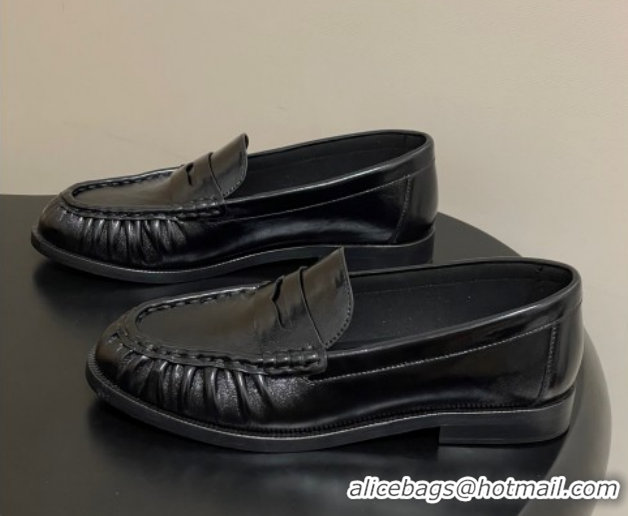 Unique Style Saint Laurent Le Loafers Penny Slippers in Oil Leather Black/Gold 1215007