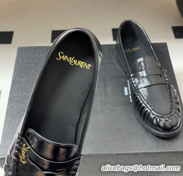 Unique Style Saint Laurent Le Loafers Penny Slippers in Oil Leather Black/Gold 1215007