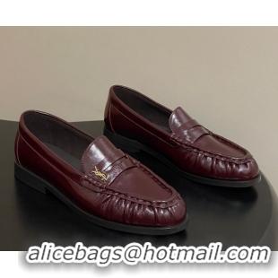 Best Price Saint Laurent Le Loafers Penny Slippers in Oil Leather Dark Burgundy 1215008