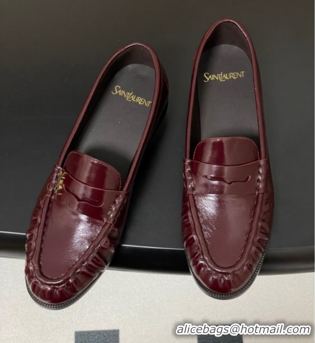 Best Price Saint Laurent Le Loafers Penny Slippers in Oil Leather Dark Burgundy 1215008
