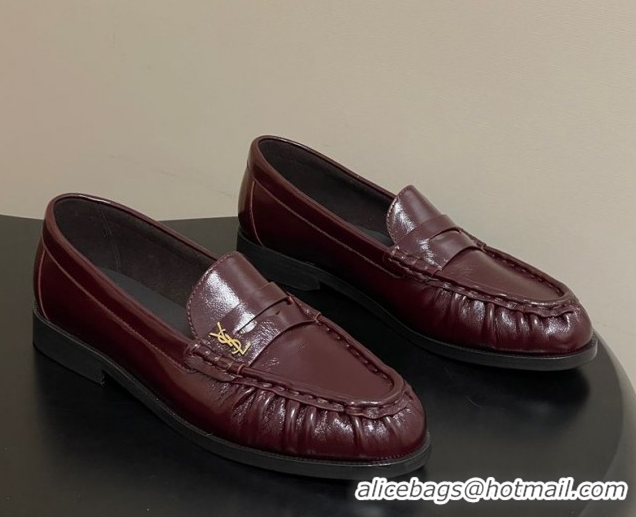 Best Price Saint Laurent Le Loafers Penny Slippers in Oil Leather Dark Burgundy 1215008
