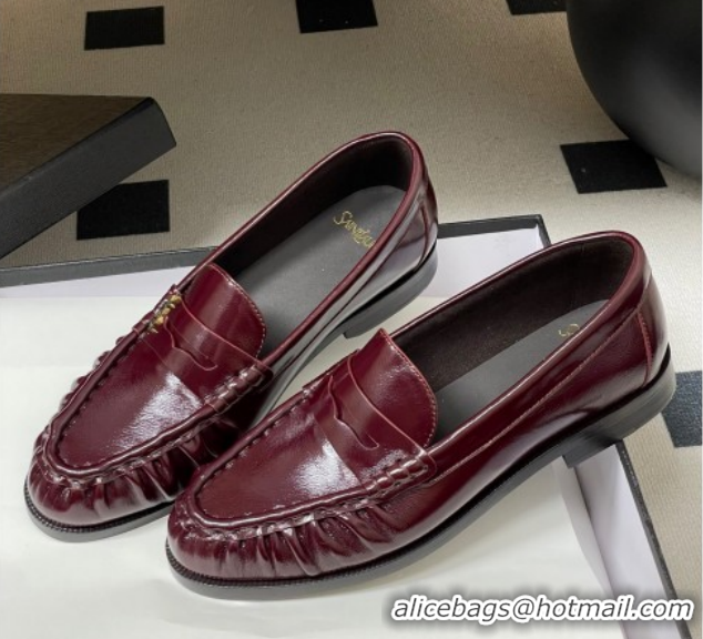 Best Price Saint Laurent Le Loafers Penny Slippers in Oil Leather Dark Burgundy 1215008