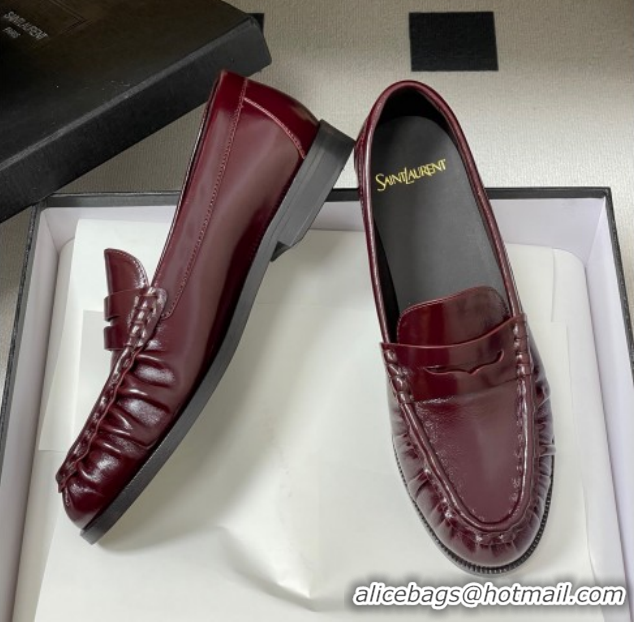 Best Price Saint Laurent Le Loafers Penny Slippers in Oil Leather Dark Burgundy 1215008