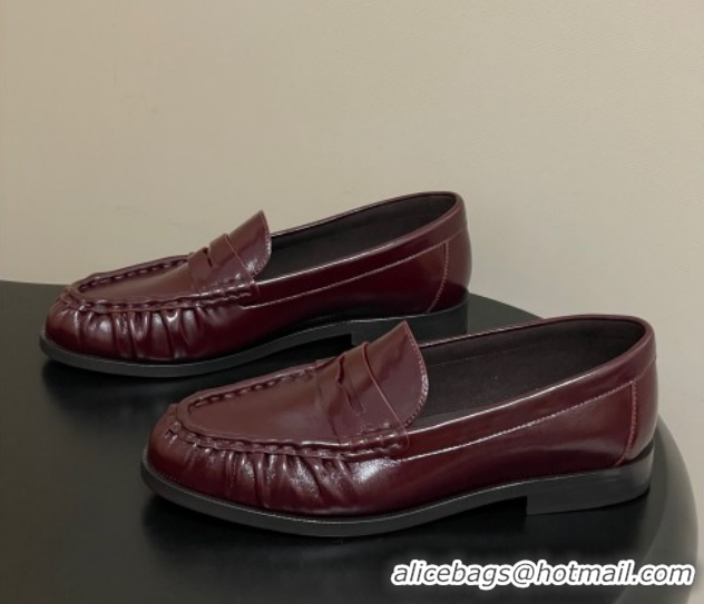 Best Price Saint Laurent Le Loafers Penny Slippers in Oil Leather Dark Burgundy 1215008