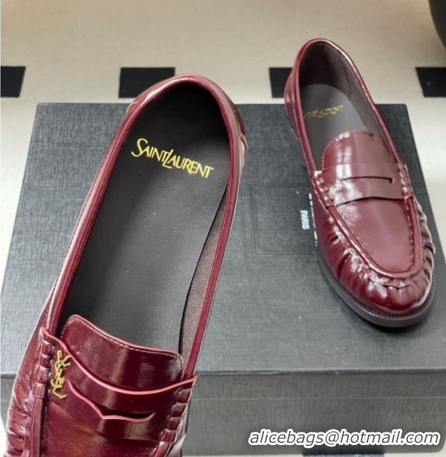 Best Price Saint Laurent Le Loafers Penny Slippers in Oil Leather Dark Burgundy 1215008