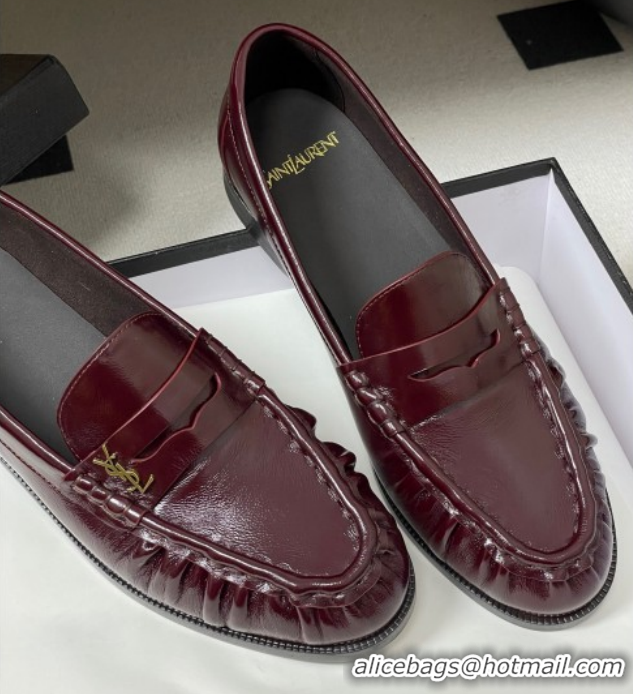 Best Price Saint Laurent Le Loafers Penny Slippers in Oil Leather Dark Burgundy 1215008