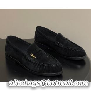 Purchase Saint Laurent Le Loafers Penny Slippers in Suede Black/Gold 1215010